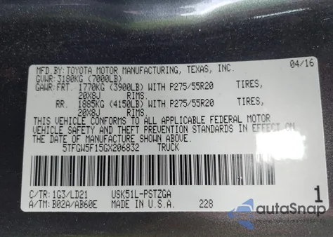 2016 Toyota Tundra Crewmax 1794/Platinum z USA, uszkodzony, nr VIN 5TFGW5F15GX206832